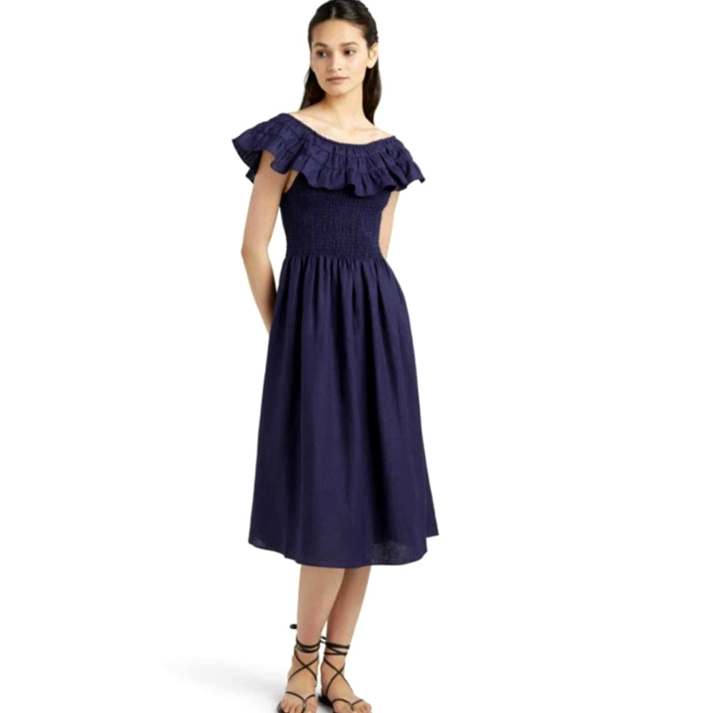 Hill House XS Linen Smocked Cottagecore Midi Nap Dress $180 Ruffle Navy Blue NEW